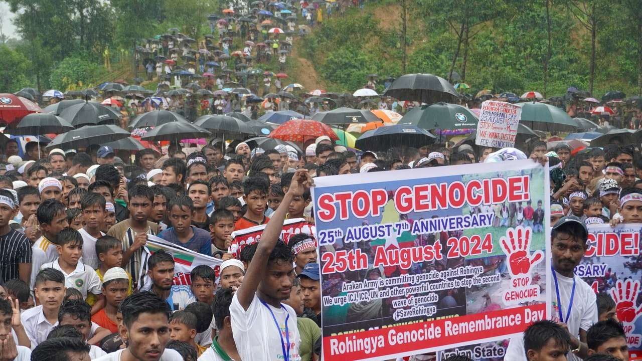FILE PHOTO: Rohingya refugees mark seventh anniversary of fleeing from Myanmar, in Cox's Bazar