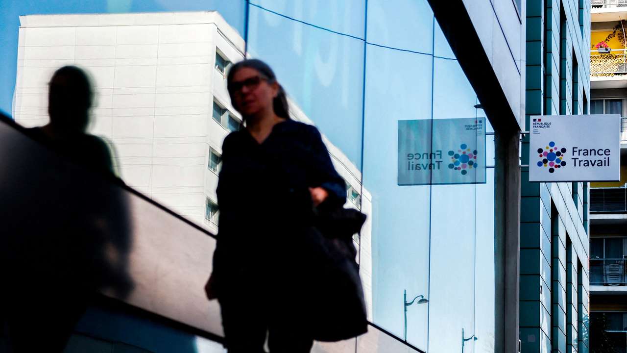 FILE PHOTO: The France Travail logo in Paris