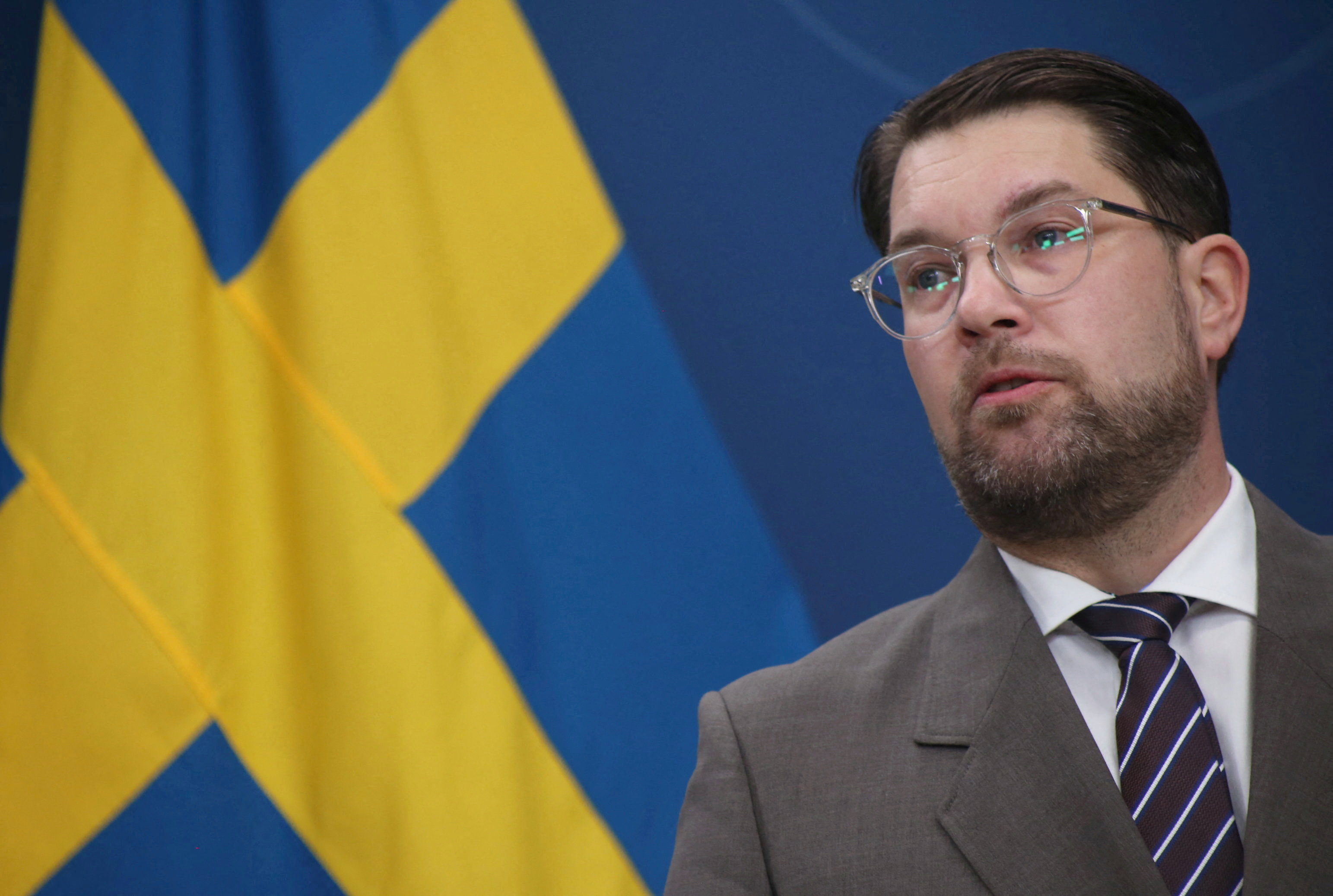 Sweden Democrats Party leader Jimmie Akesson attends a press conference in Stockholm