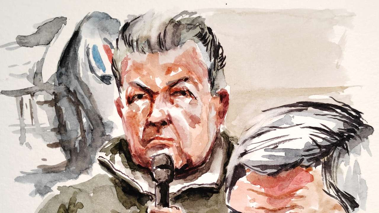 Courtroom sketch of Defendants in court at final week of mass rape trial in Avignon