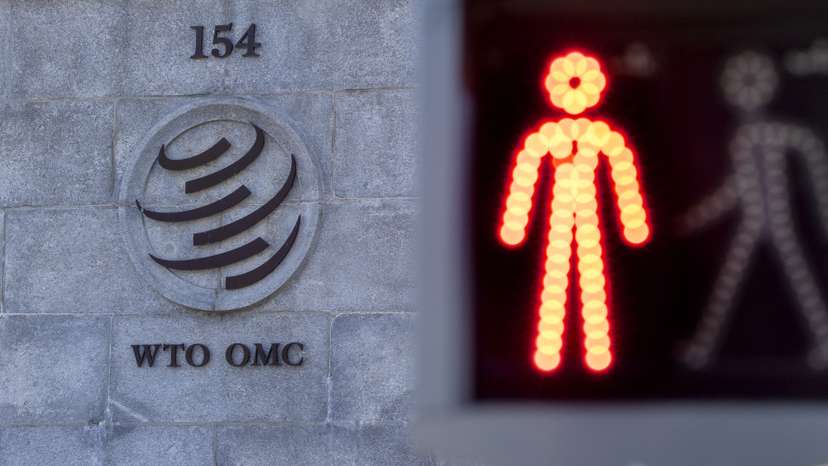 A logo is seen at the WTO in Geneva