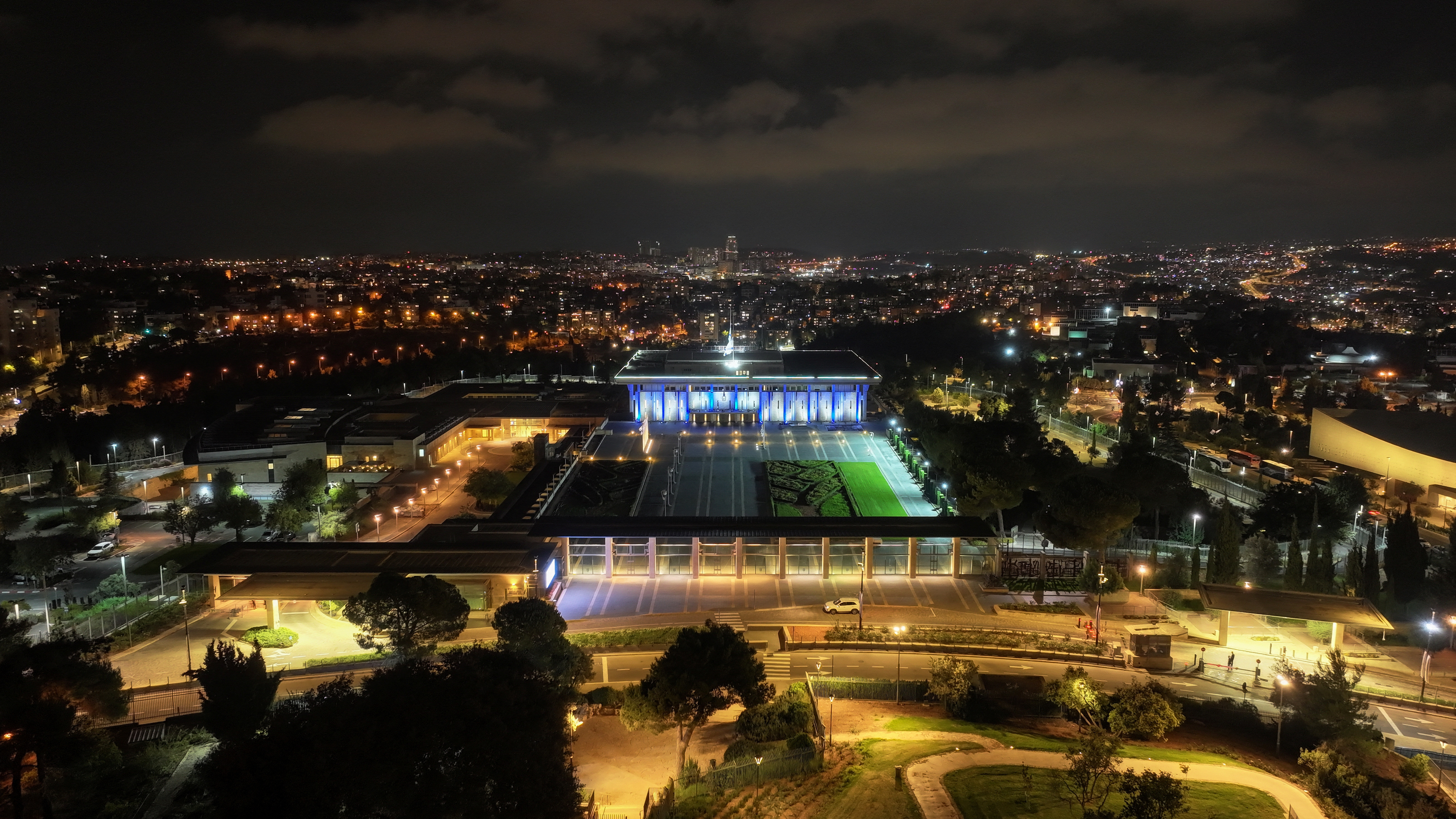 The Israeli Parliament Knesset is lit up with blue and white colors to mark one year since the deadly October 7 attack by Hamas, in Jerusalem