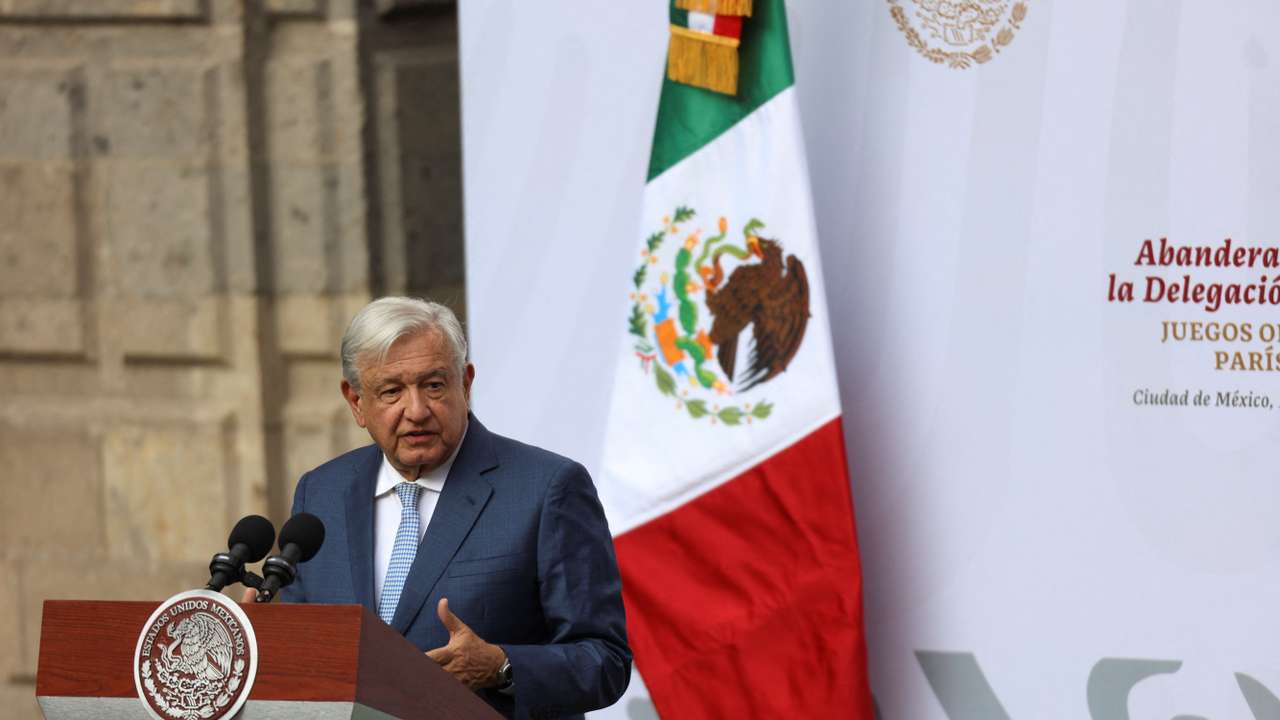 Mexico's President Obrador hands over Mexican flag to athletes ahead of the Paris 2024 Olympic Games, in Mexico City