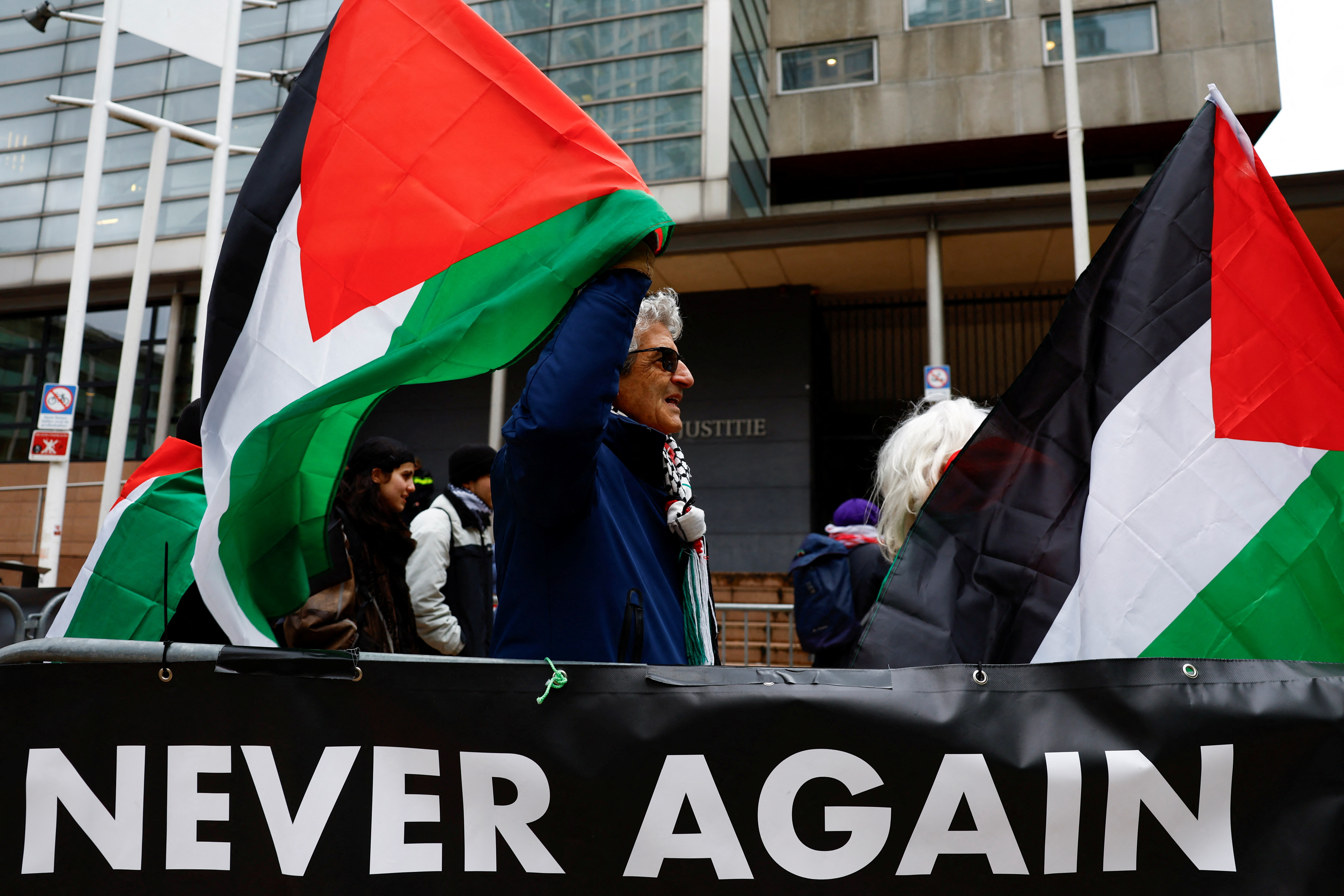 Protest as district court hears the case of pro-Palestinian NGOs suing the Dutch state, in The Hague