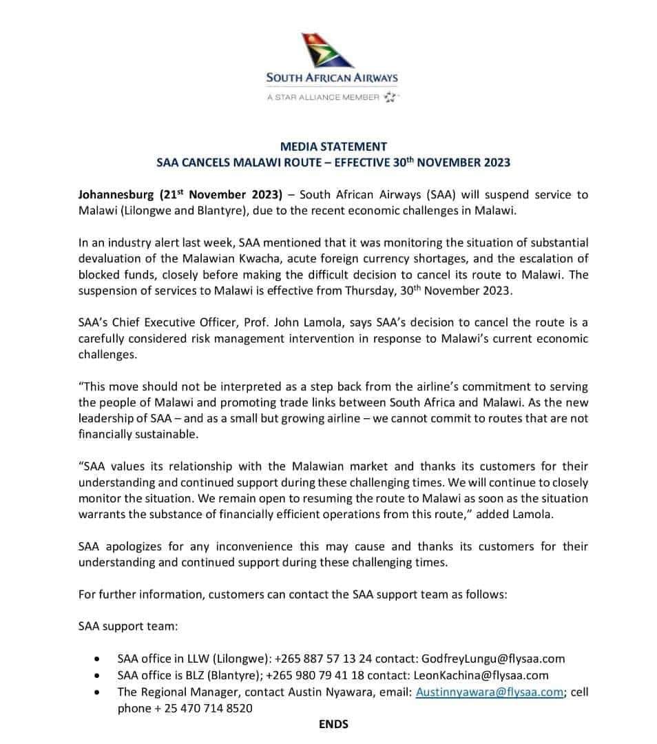 SAA cancels Malawi route - media statement