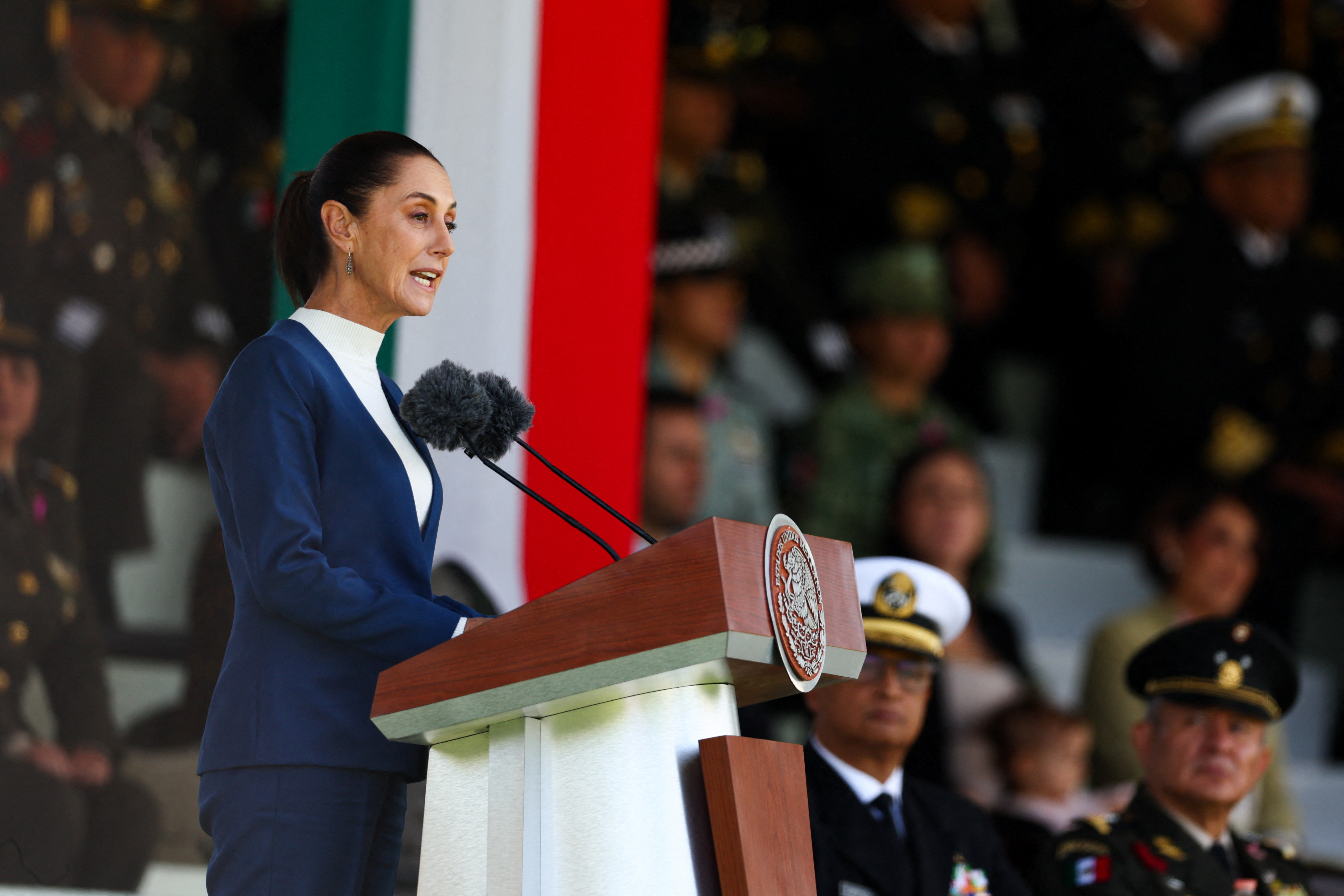 Mexico's President Claudia Sheinbaum attends a ceremony at Military Camp 1, in Mexico City