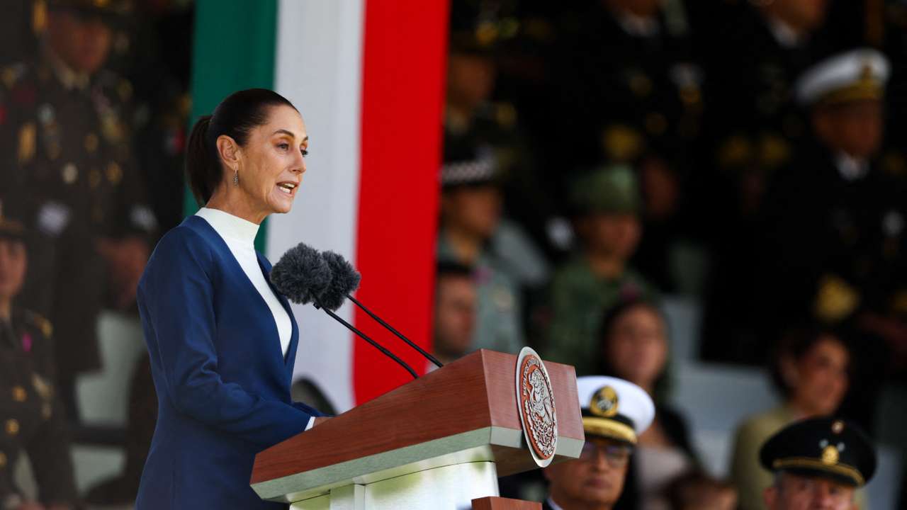 Mexico's President Claudia Sheinbaum attends a ceremony at Military Camp 1, in Mexico City