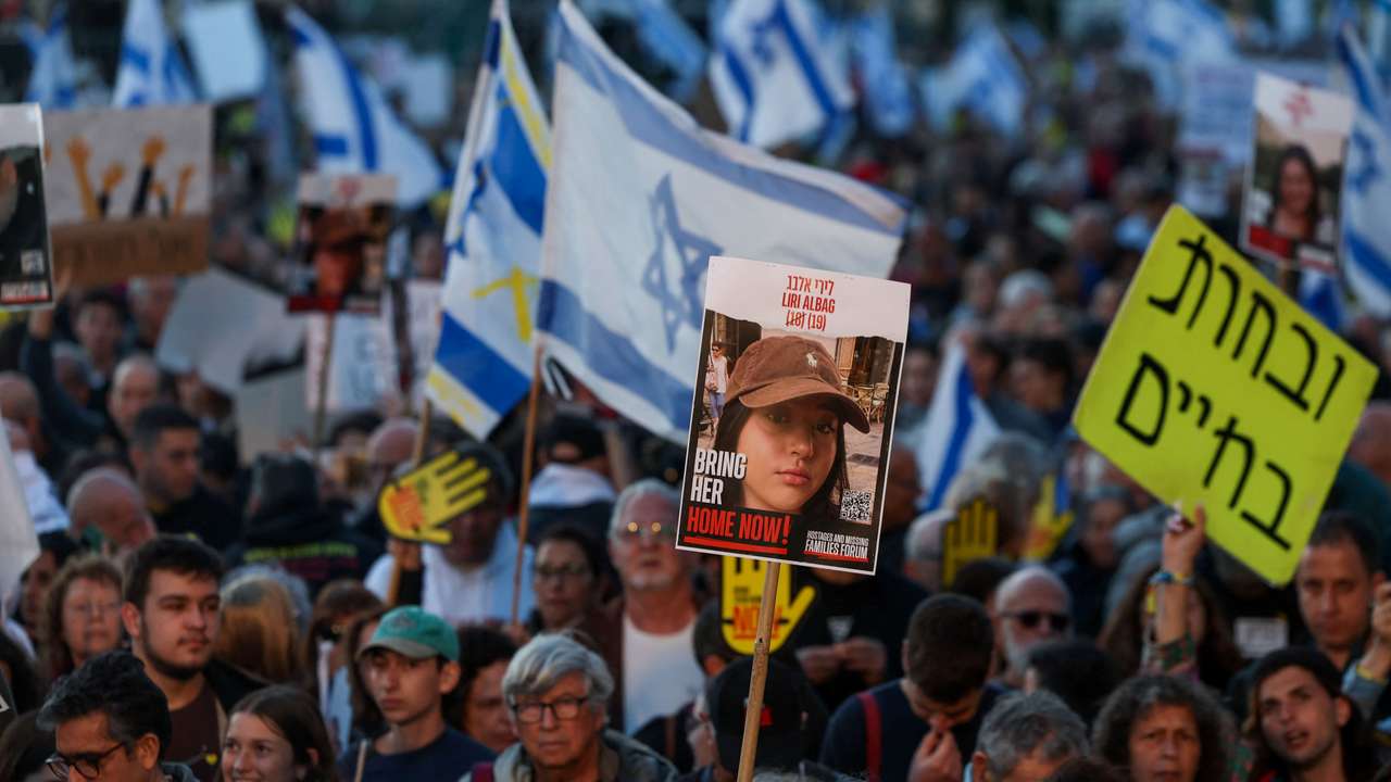 Israelis rally for the release of hostages kidnapped during the October 7 attack by Hamas, near the Knesset in Jerusalem