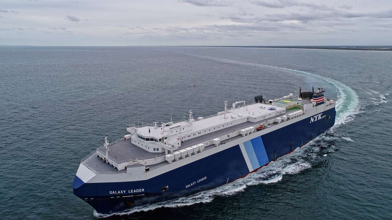 A view of the British-owned and Japanese-operated cargo ship Galaxy Leader, near Queensland