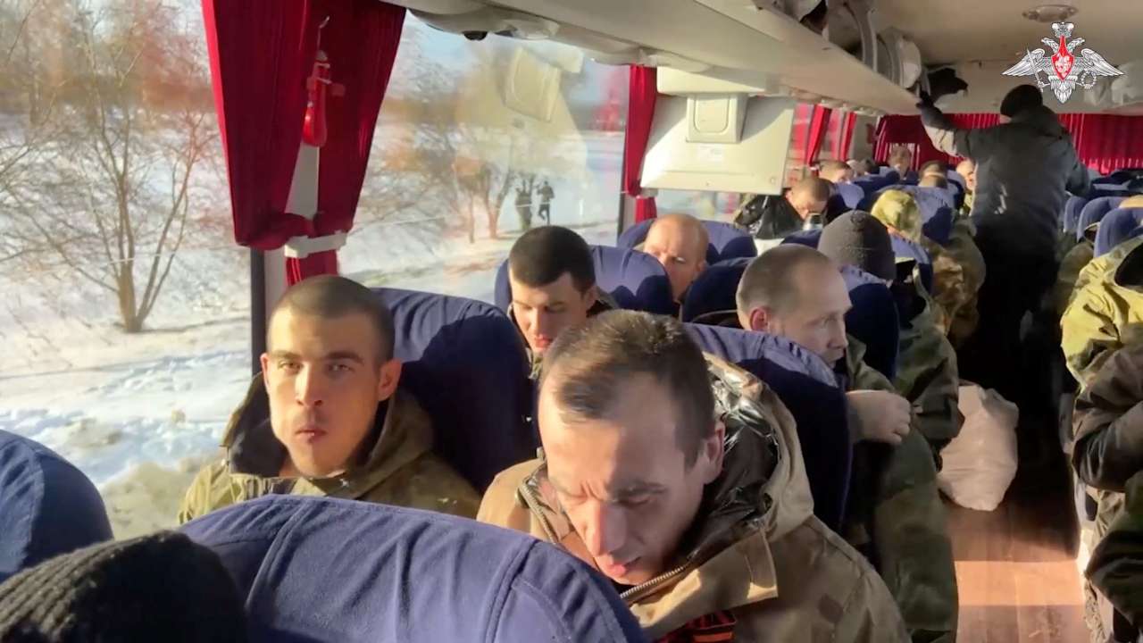 A still image from video, released by the Russian Defence Ministry, shows what it said to be captured Russian service personnel in a bus following the latest exchange of prisoners of war