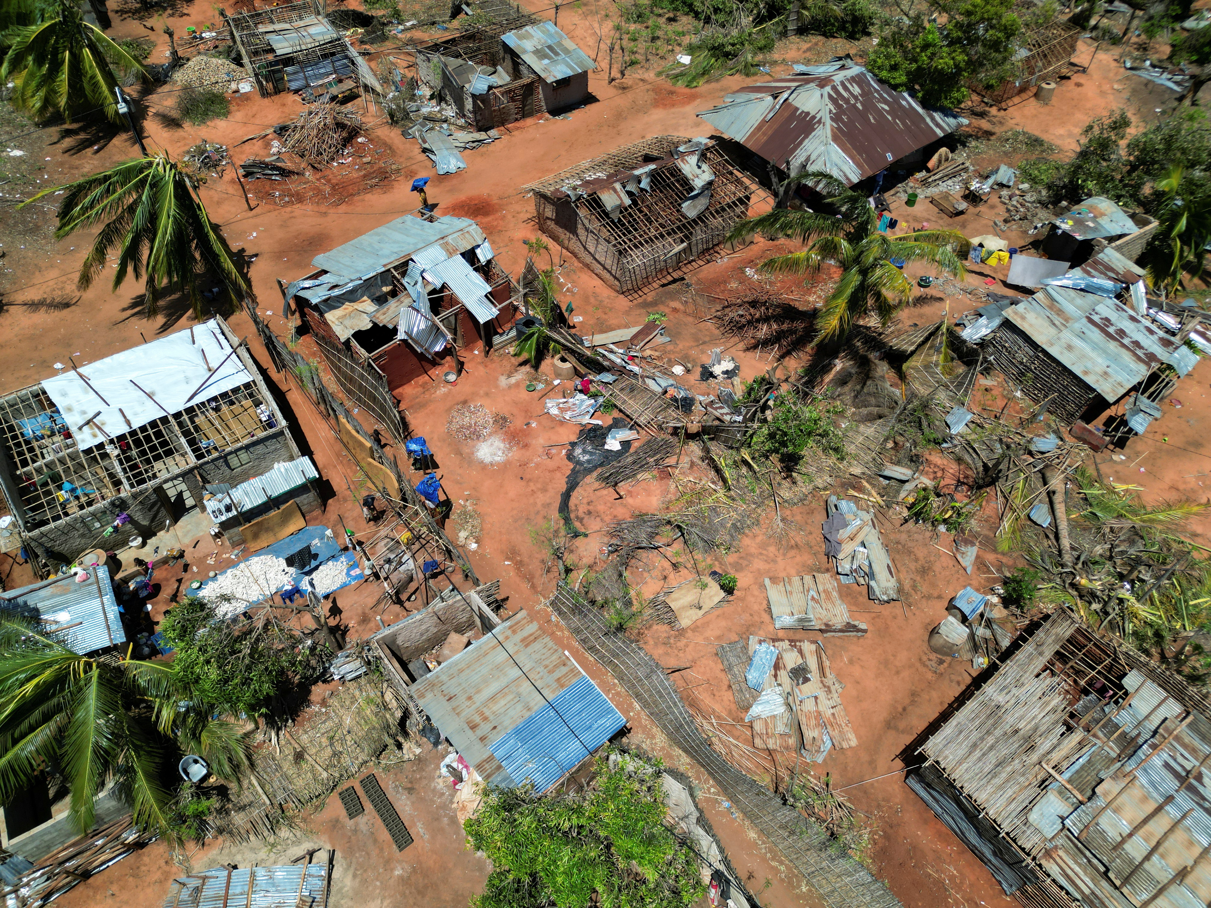 A drone view of destroyed houses and buildings following cyclone Chido in Pemba