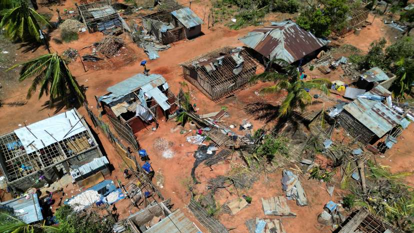 A drone view of destroyed houses and buildings following cyclone Chido in Pemba