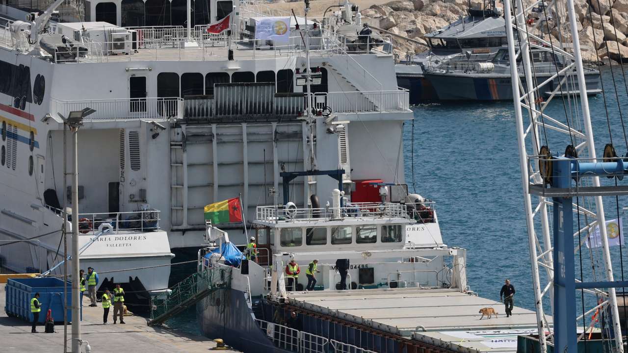 A police officer uses a sniffer dog to inspect the cargo ship loaded with humanitarian aid for Gaza in the port of Larnaca