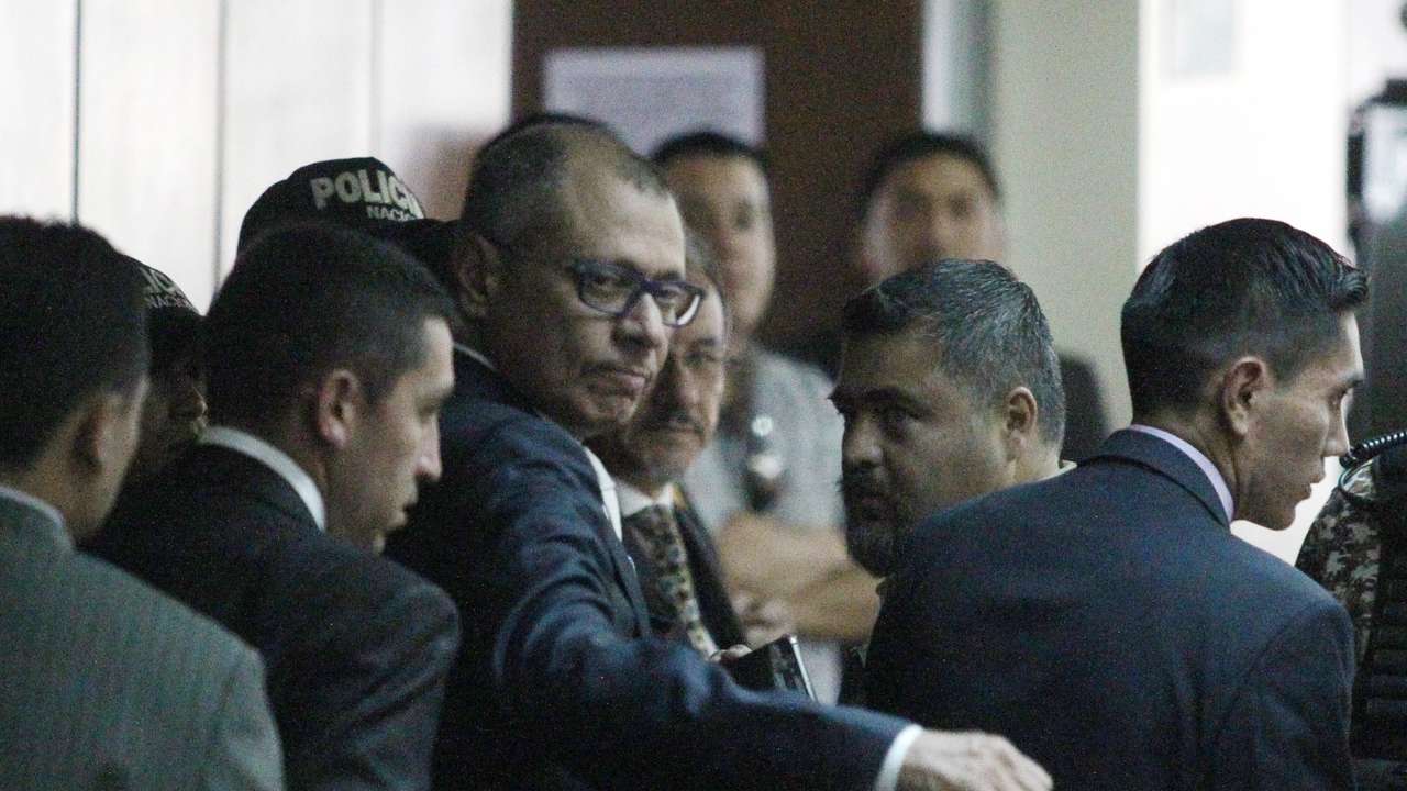 Ecuadorean Vice President Jorge Glas reacts as he arrives to court, to attend his trial on bribery from Brazilian construction company Odebrecht, in Quito