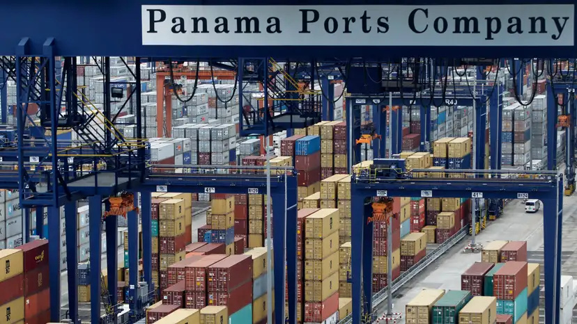 A Panama Ports Company sign is seen over containers at the Balboa port in Panama City