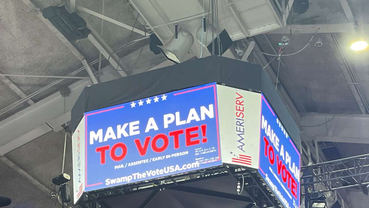 A view shows a jumbotron urging Trump supporters to make a plan to vote early or in-person on Election Day, during a campaign rally in Johnstown, Pennsylvania