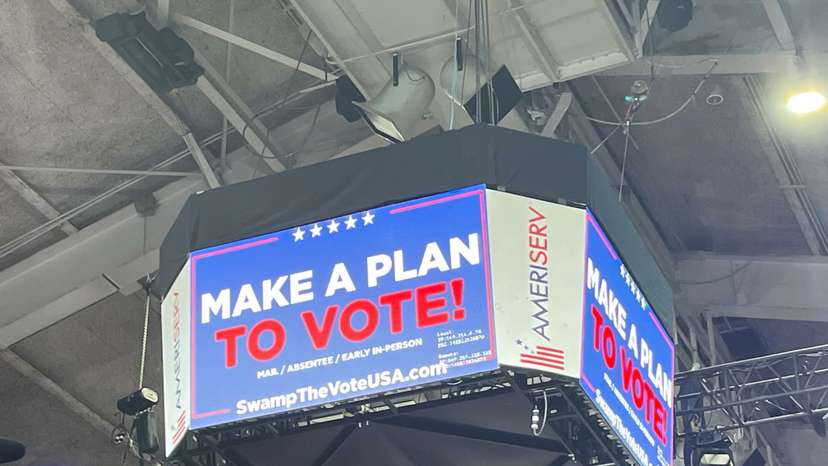 A view shows a jumbotron urging Trump supporters to make a plan to vote early or in-person on Election Day, during a campaign rally in Johnstown, Pennsylvania
