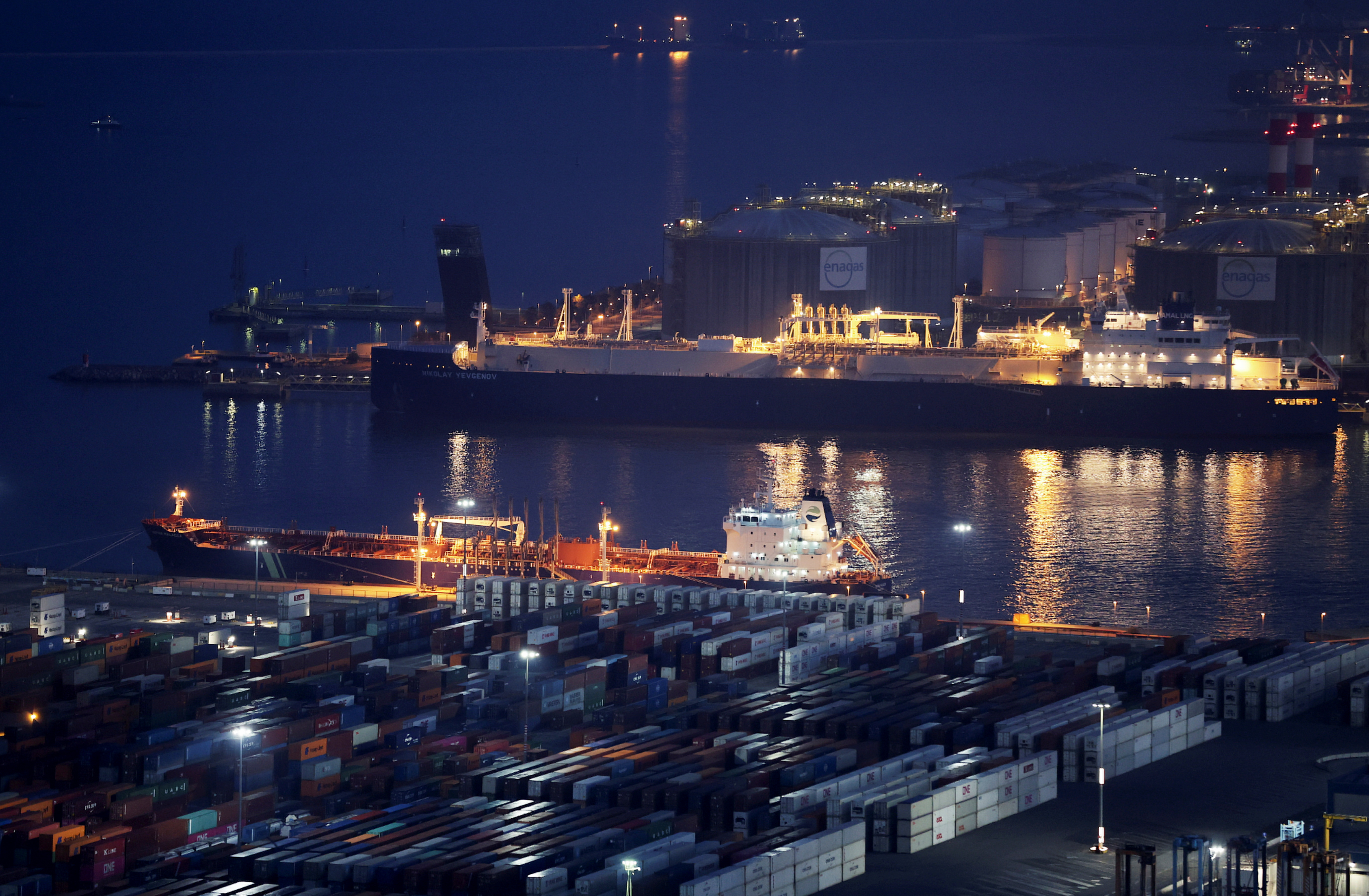 The Nikolay Yevgenov, a ship carrying Russian liquefied natural gas (LNG), is seen at the port of Barcelona