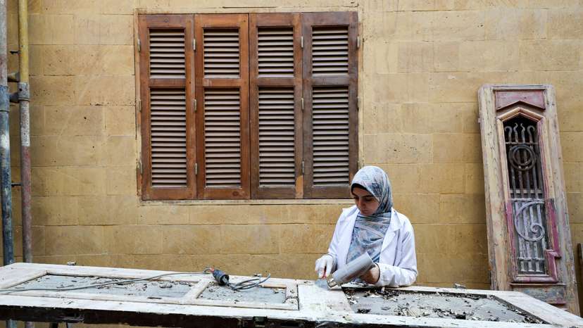 A restoration specialist works on-site at the Darb al-Labbana restoration project, designed to rebuild the historic yet dilapidated neighbourhood in old Cairo