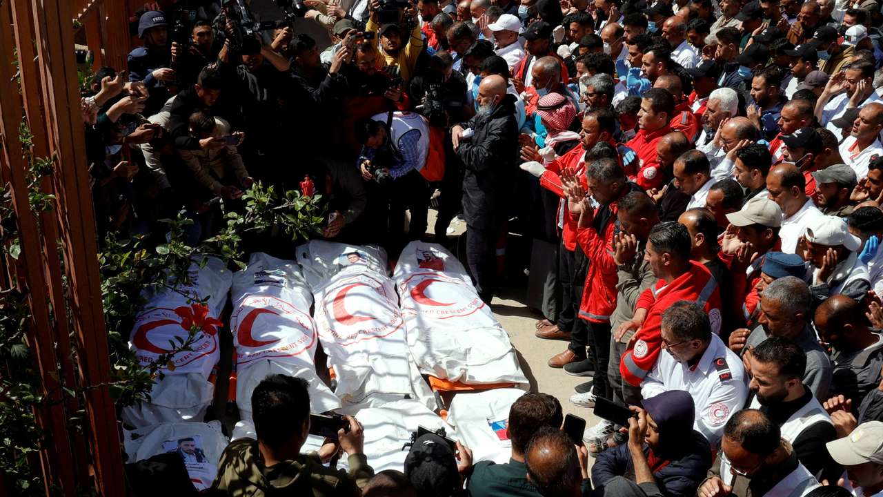 FILE PHOTO: Palestinians mourn medics in Khan Younis