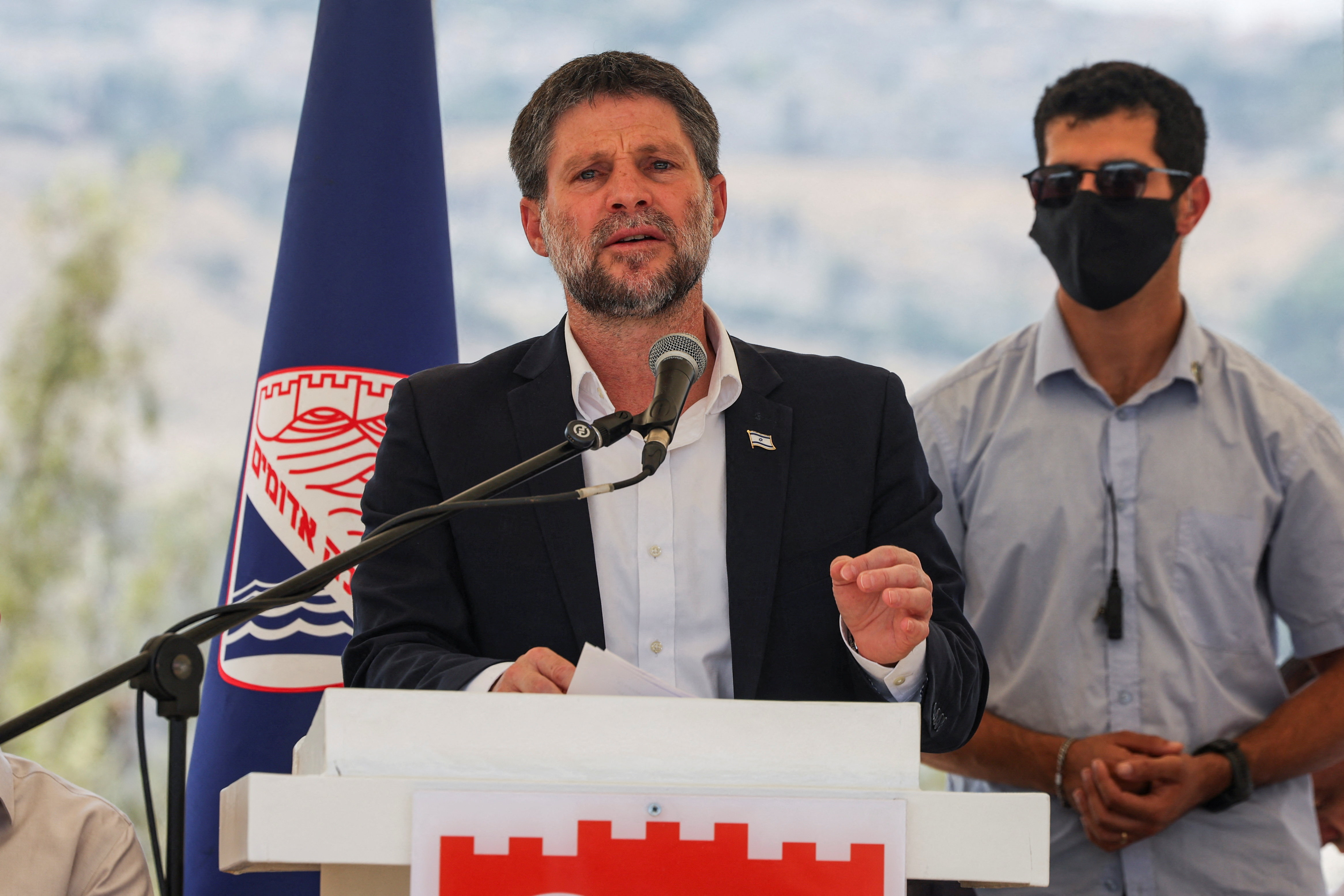 Israeli Finance Minister Smotrich speaks at a press conference regarding settlements expansion, near the Israeli settlement of Maale Adumim