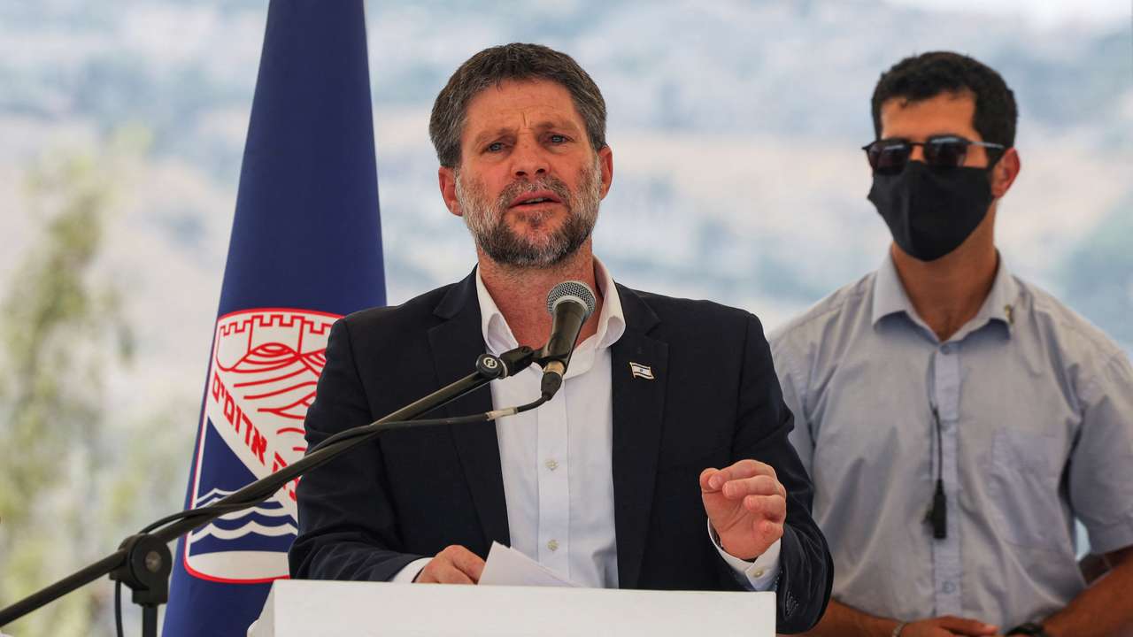 Israeli Finance Minister Smotrich speaks at a press conference regarding settlements expansion, near the Israeli settlement of Maale Adumim