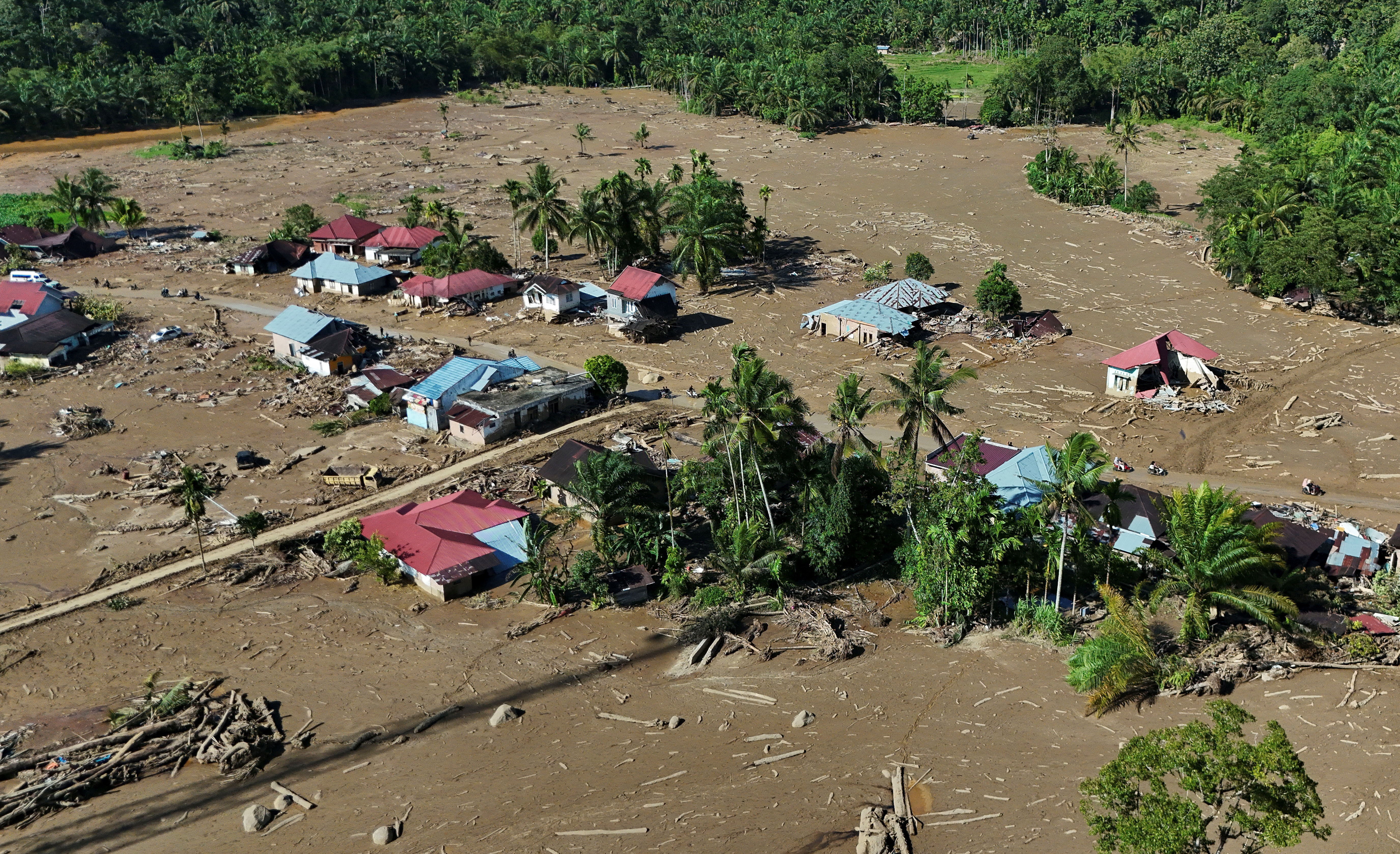 Drone view of an area hit by flash floods in Palembayan, Agam, West Sumatra