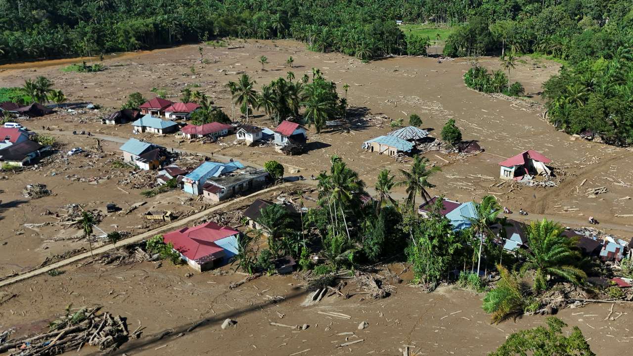 Drone view of an area hit by flash floods in Palembayan, Agam, West Sumatra