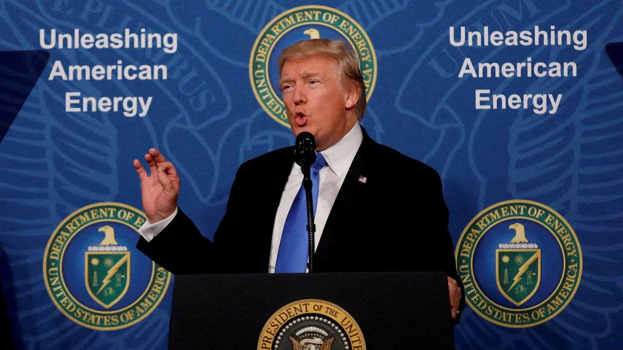 FILE PHOTO: U.S. President Donald Trump delivers remarks during an 'Unleashing American Energy' event at the Department of Energy in Washington