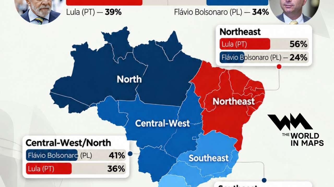 Brazil election poll shows sharp regional split between Lula and Flávio Bolsonaro
