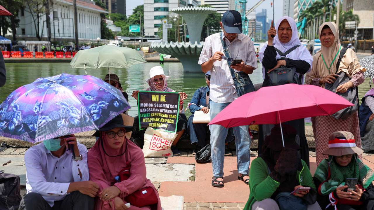 Protest as a court in Indonesia will deliver its verdict on two challenges to the outcome of February's presidential election in Jakarta