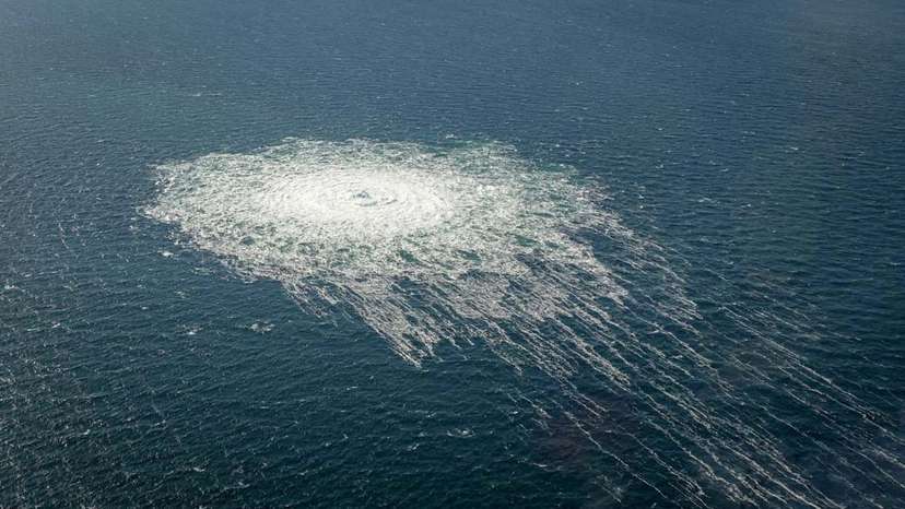 FILE PHOTO: Gas bubbles from the Nord Stream 2 leak reaching surface of the Baltic sea in the area shows disturbance of well over one kilometre diameter near Bornholm
