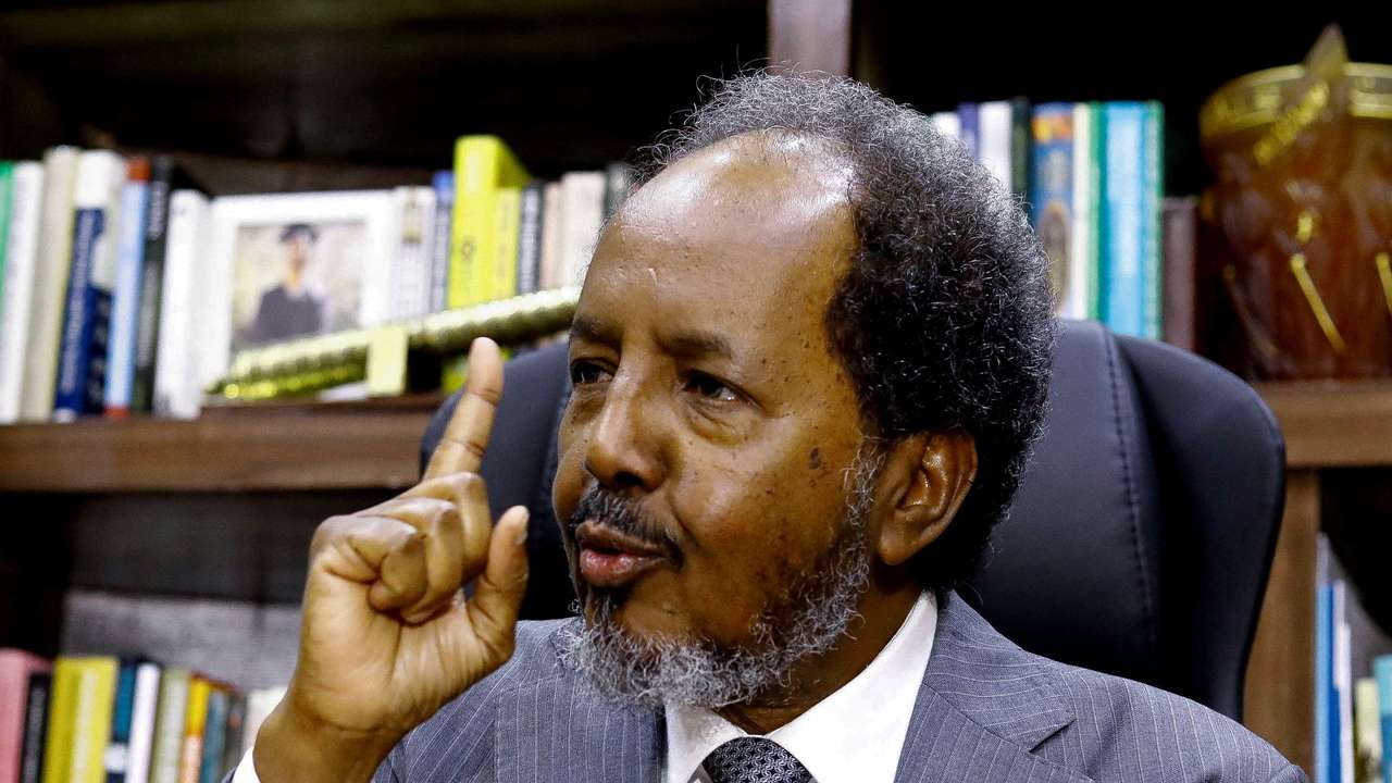 FILE PHOTO: Somalia's President Hassan Sheikh Mohamud speaks during an interview with Reuters, in his office in Mogadishu