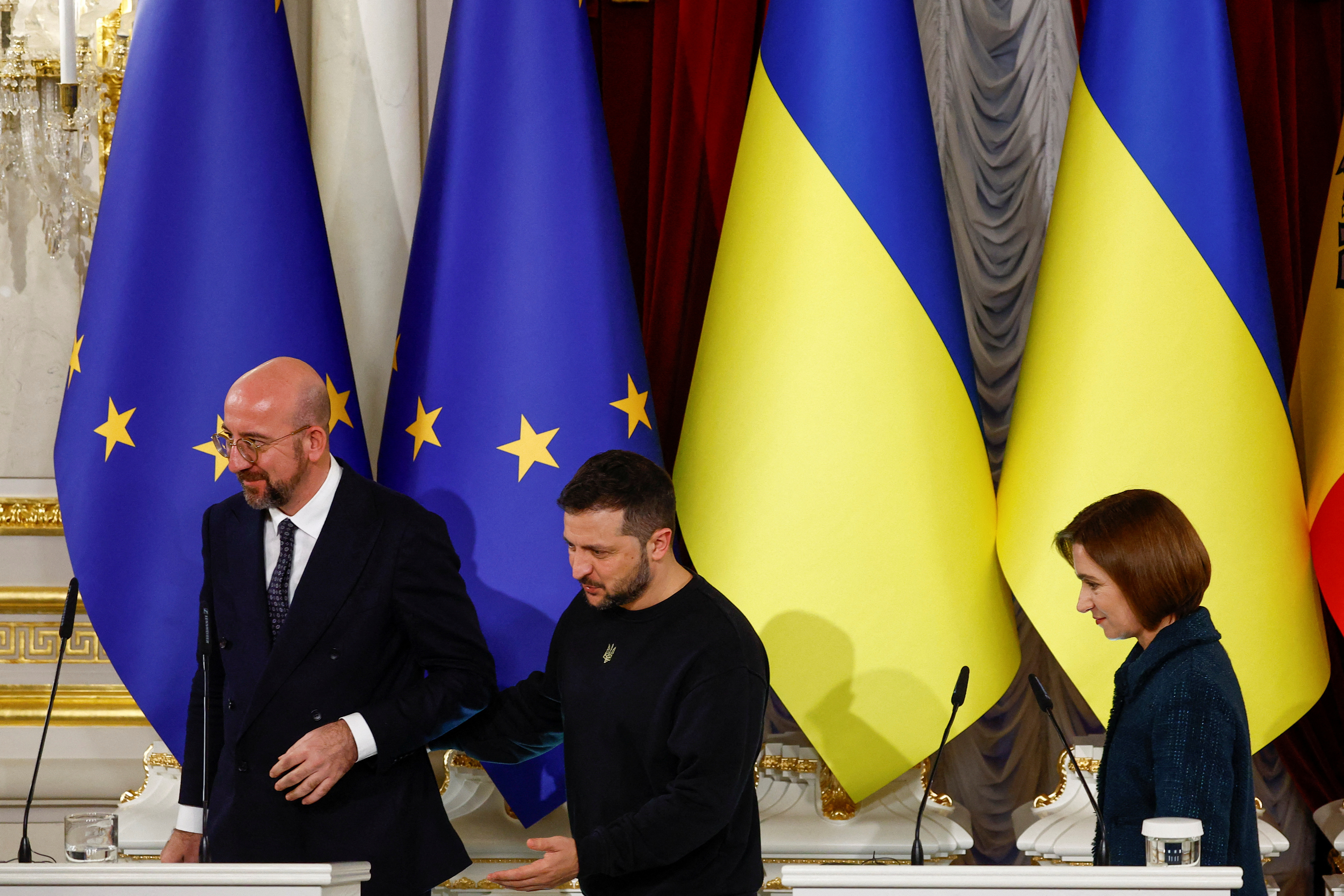 Ukraine's President Zelenskiy, Moldova's President Sandu and President of the European Council Michel attend a joint press conference in Kyiv