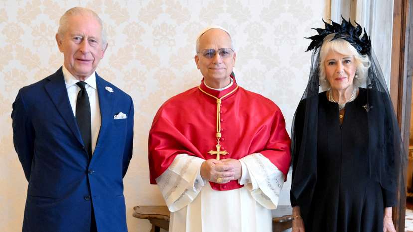 Pope Leo XIV meets with Britain's King Charles and Queen Camilla during a private audience at the Vatican