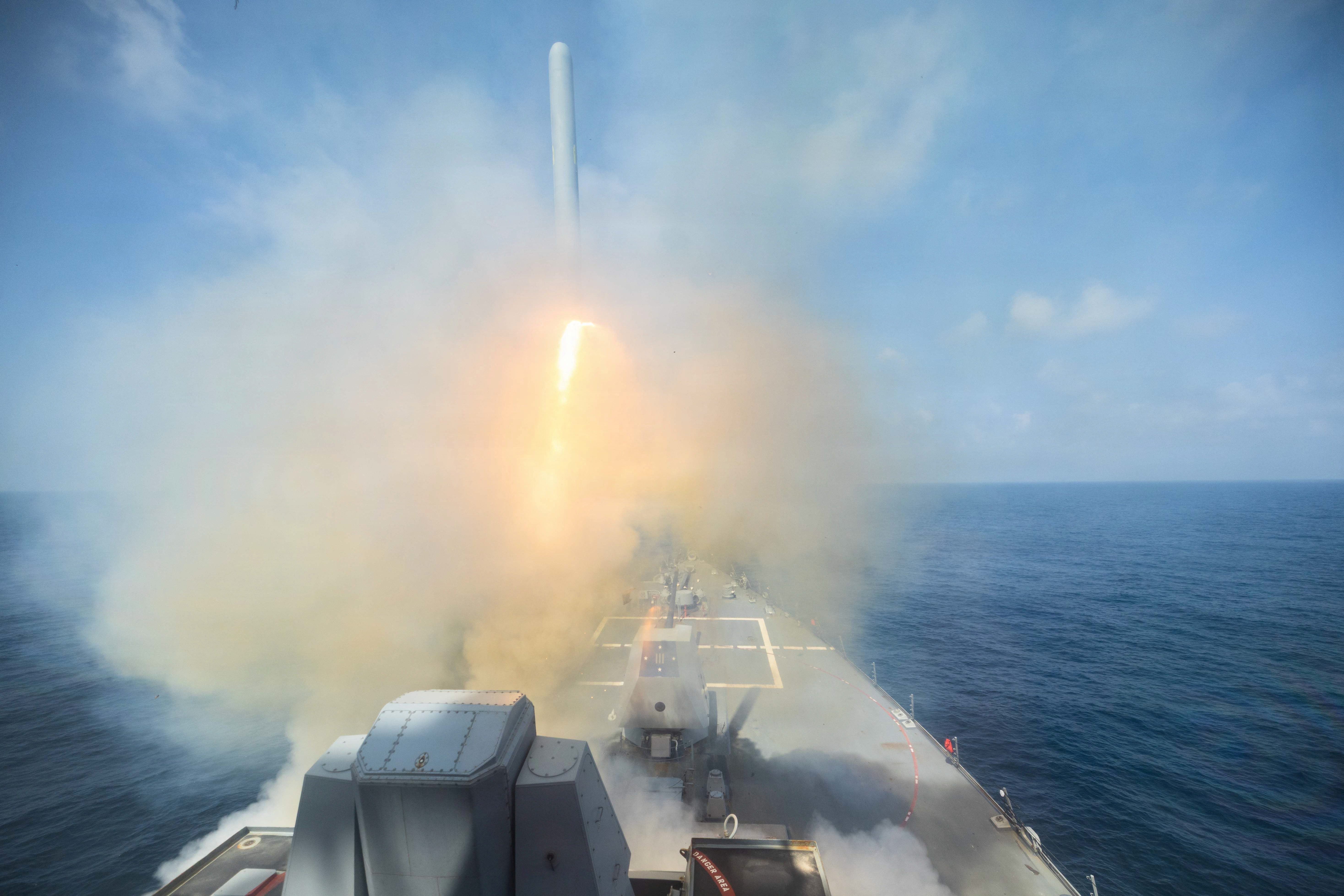 Arleigh Burke-class guided-missile destroyer USS Spruance fires a Tomahawk Land Attack Missile in support of Operation Epic Fury