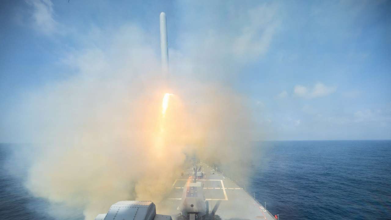 Arleigh Burke-class guided-missile destroyer USS Spruance fires a Tomahawk Land Attack Missile in support of Operation Epic Fury