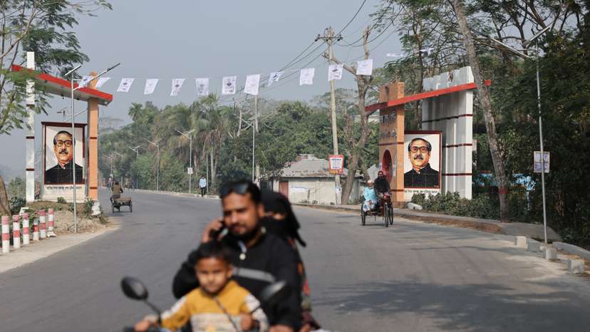 Images of Sheikh Mujibur Rahman, the father of former Prime Minister Sheikh Hasina, are displayed at Bangabandhu Gate in Gopalganj