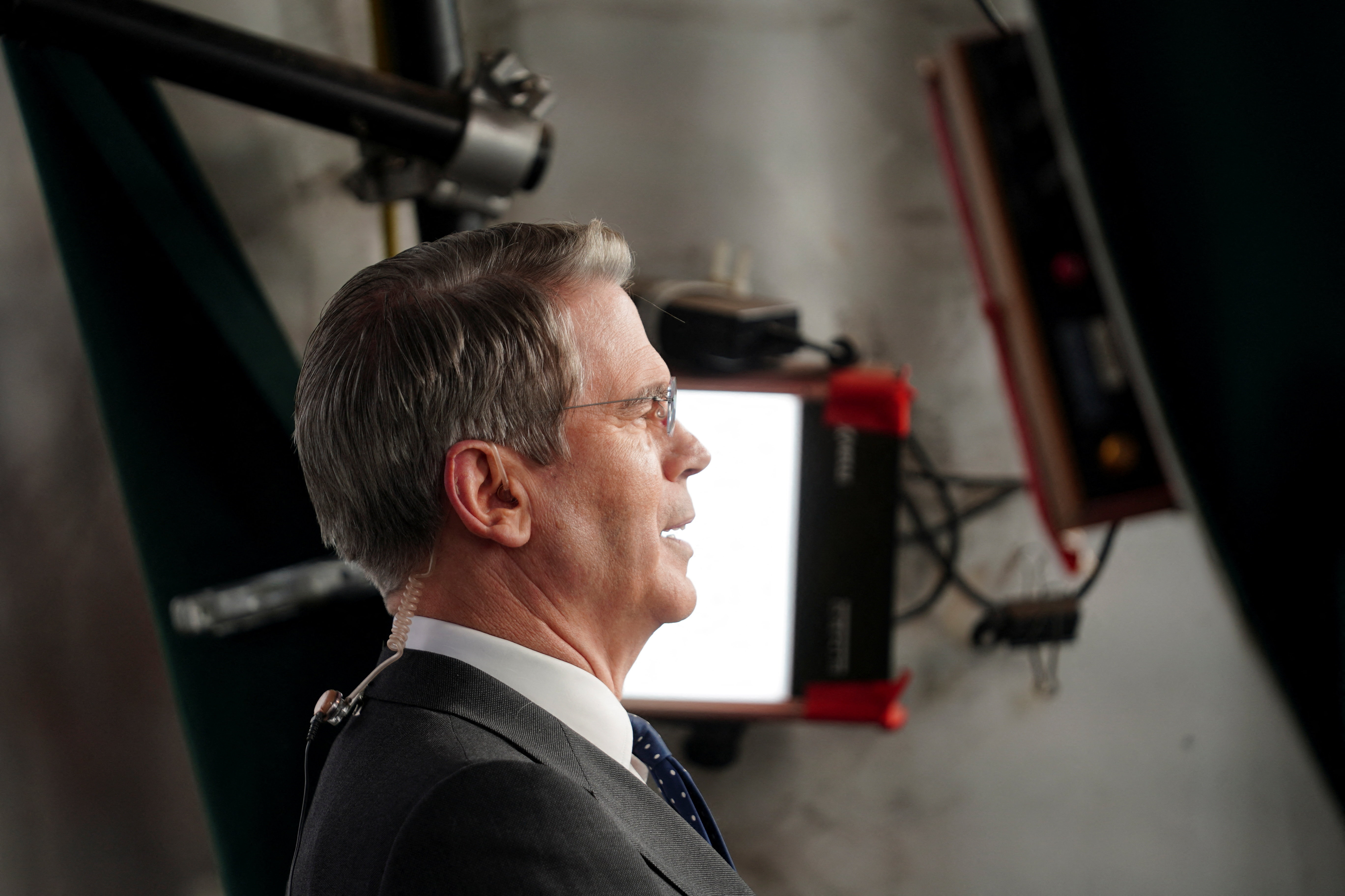U.S. Treasury Secretary Scott Bessent gives a television interview outside the White House in Washington D.C.