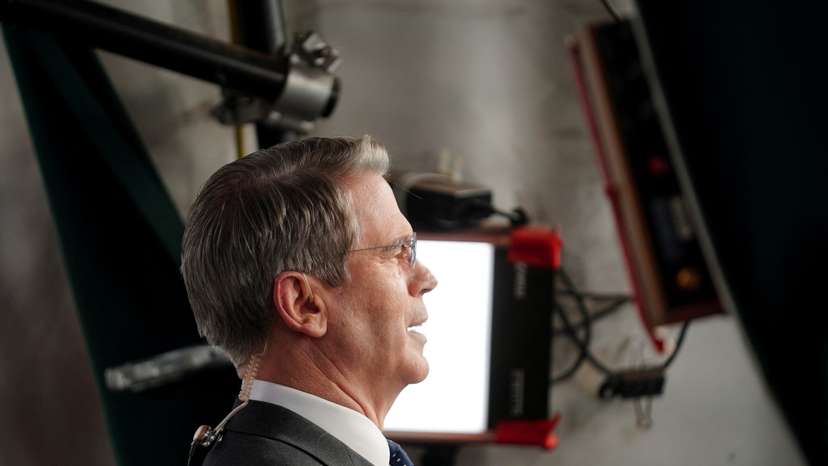 U.S. Treasury Secretary Scott Bessent gives a television interview outside the White House in Washington D.C.