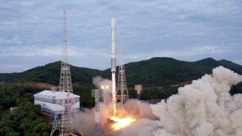 A still photograph shows what appears to be North Korea's new Chollima-1 rocket being launched in Cholsan County