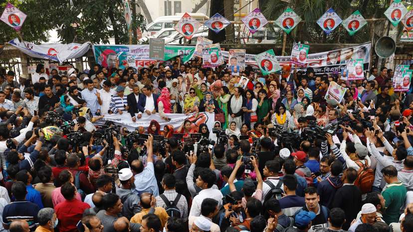 Members of the Bangladesh Nationalist Party (BNP) join in a human-chain protest to mark the International Human Rights Day, demanding the release of BNP activists who were arrested, in Dhaka