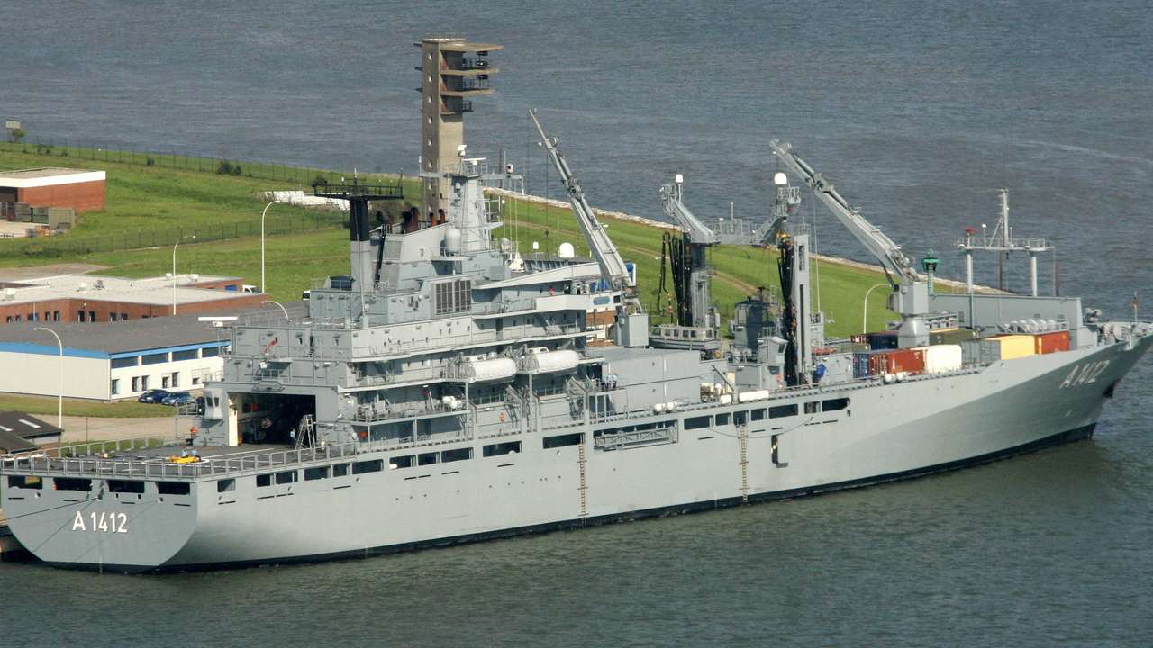 FILE PHOTO: German Navy combat support ship Frankfurt am Main is moored at the northern German naval base of Wilhelmshaven