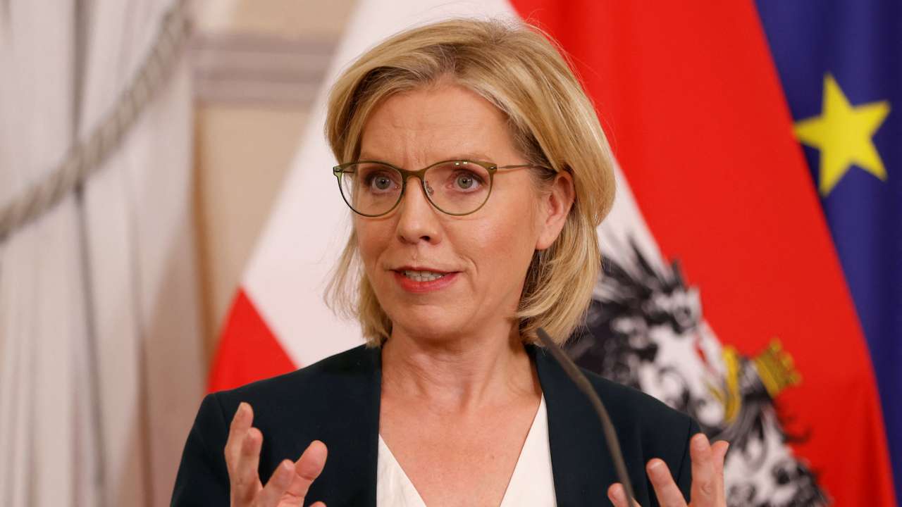 Austrian Minister of Climate Action and Energy Leonore Gewessler speaks during a press conference in Vienna
