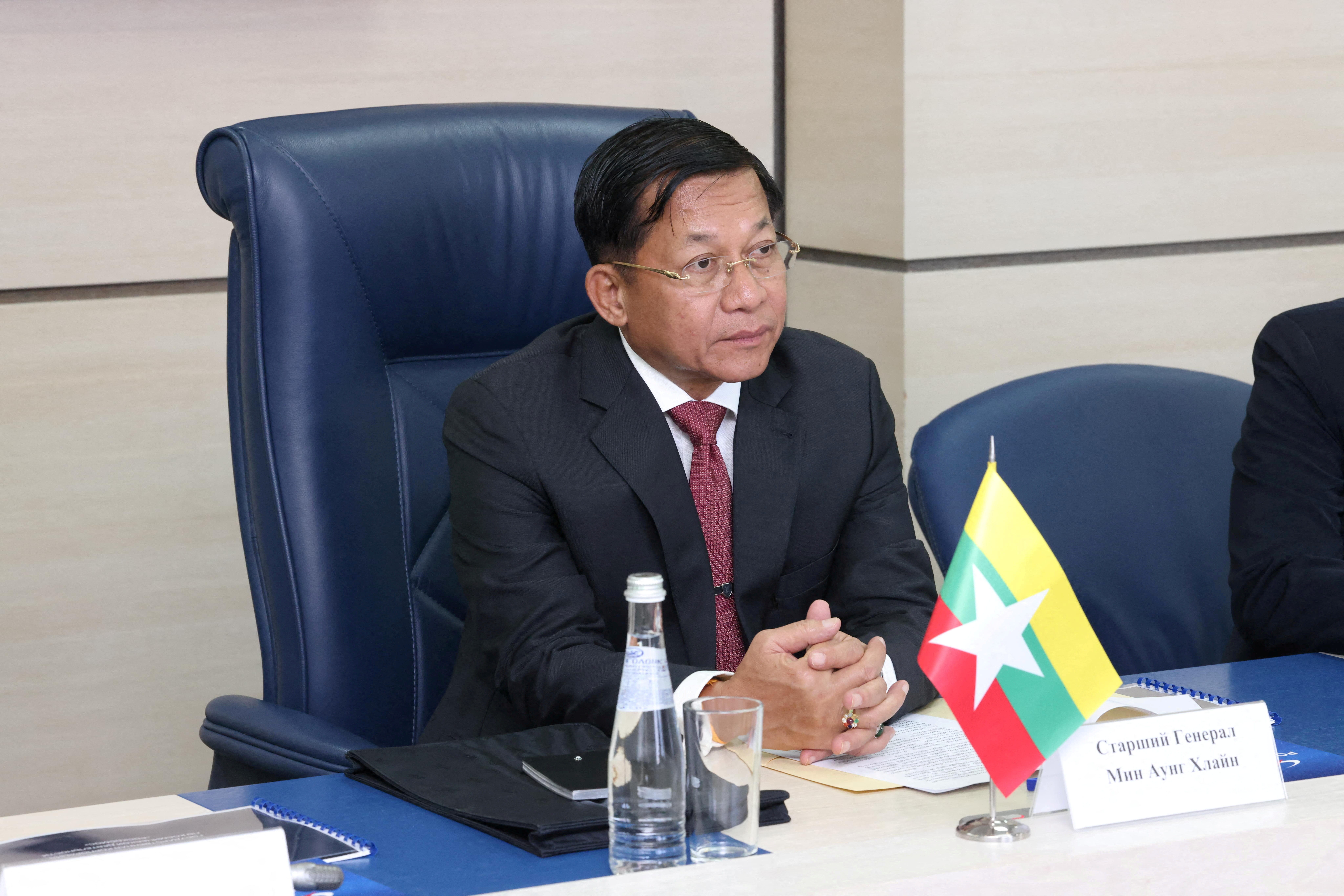 Myanmar's Prime Minister and State Administrative Council Chairman Min Aung Hlaing attends a meeting with Director General of Roscosmos Dmitry Rogozin in Moscow