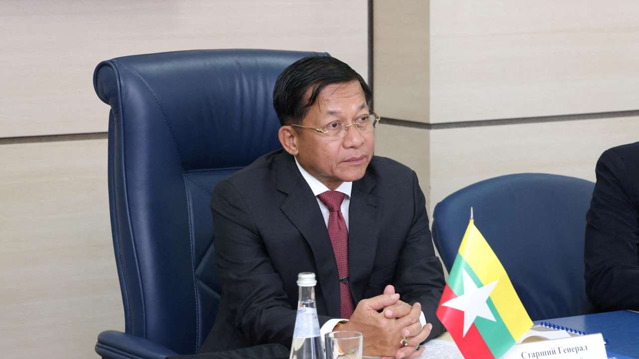 Myanmar's Prime Minister and State Administrative Council Chairman Min Aung Hlaing attends a meeting with Director General of Roscosmos Dmitry Rogozin in Moscow