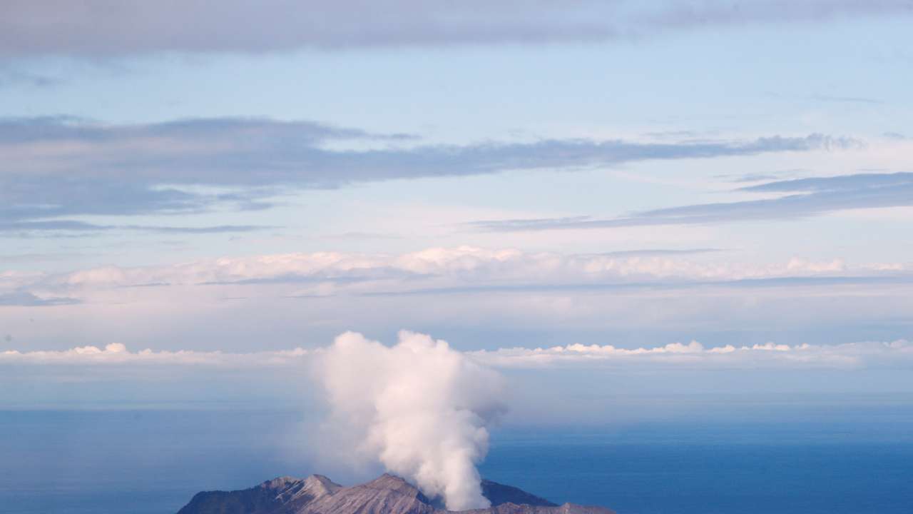 An aerial view of the Whakaari, also known as White Island volcano, in New Zealand