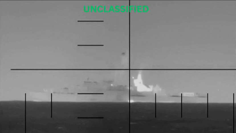 An explosion on what the U.S. Department of Defense says is an Iranian warship, at the sea