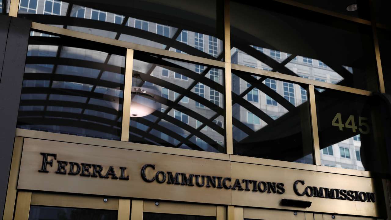 Signage is seen at the headquarters of the Federal Communications Commission in Washington, D.C.