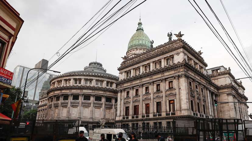 Police officers stand in front of the National Congress in Buenos Aires, Argentina